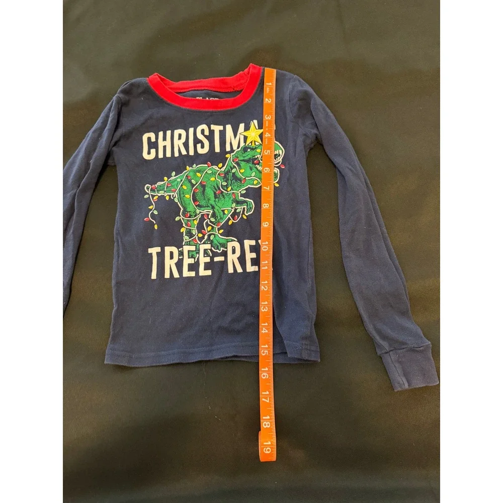 Childrens Place Boys Navy Blue Christmas Tree-Rex Dinosaur Long Sleeve Shirt 6